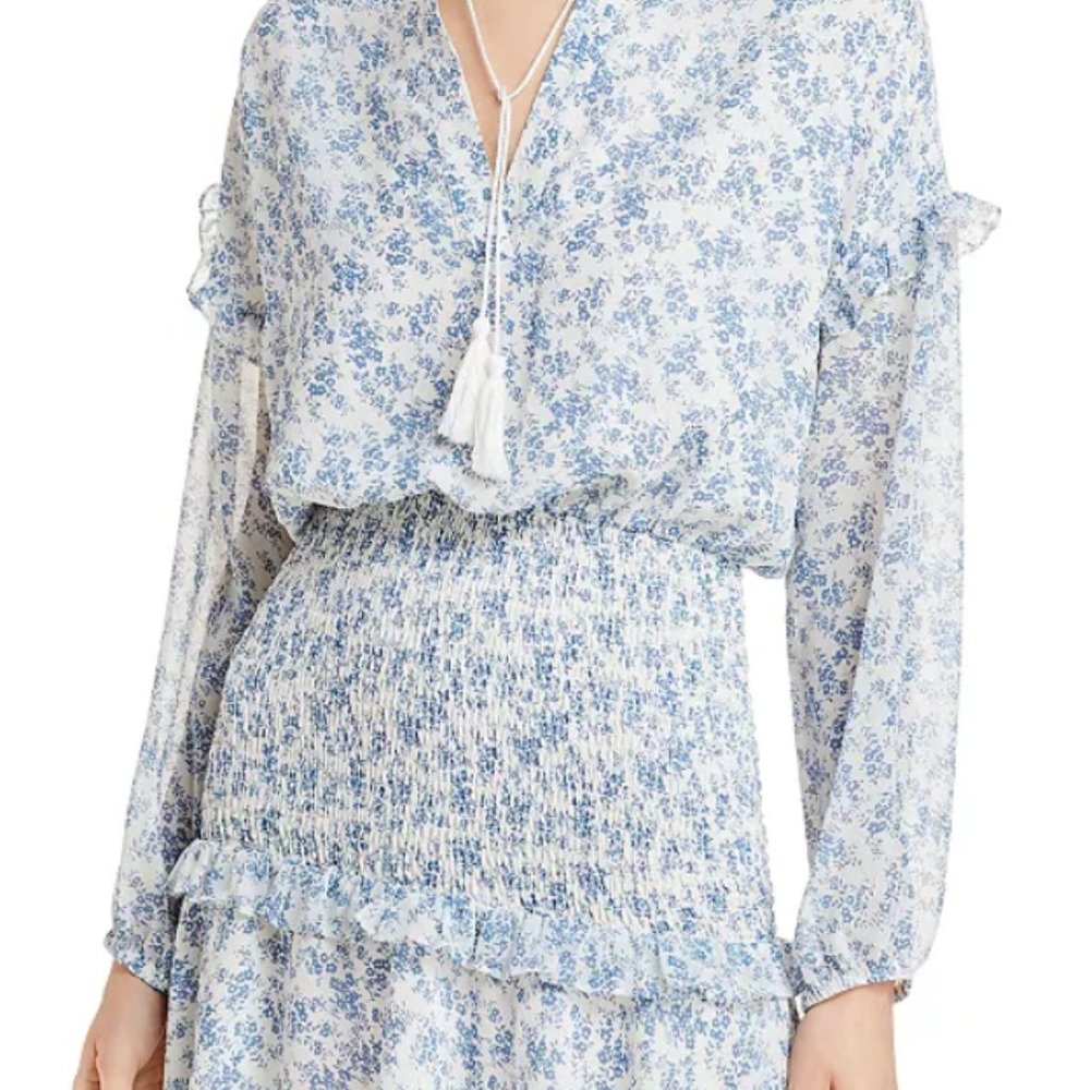 NWT Long Sleeve Smocked Mini Dress Aqua